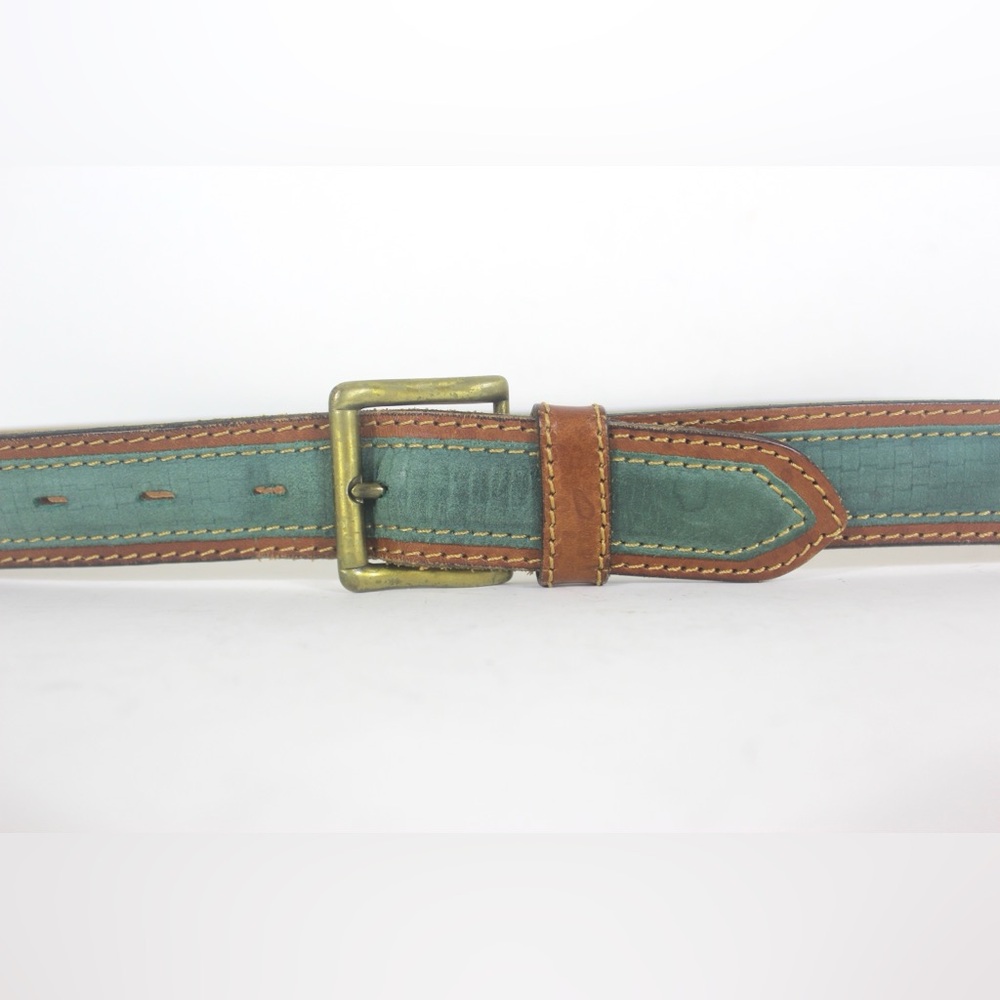 Men’s Italian Tan and Green Leather Belt with Brass Buckle Gift For Dad, Father